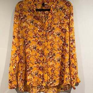Kut from the Kloth Floral Blouse Women’s Size Large Yellow Mustard Long Sleeve